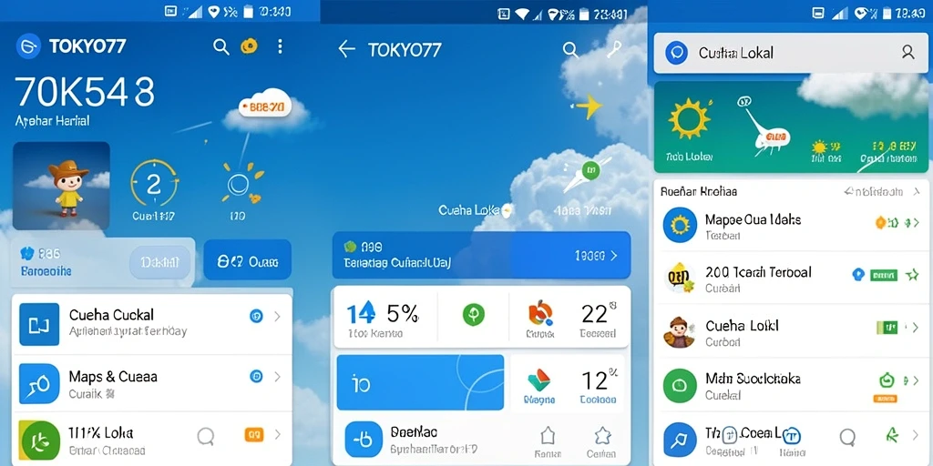 Tampilan utama <strong>TOKYO77</strong> menunjukkan informasi cuaca terkini dan prediksi harian.